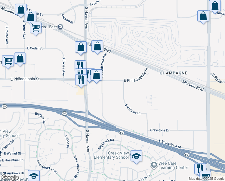 map of restaurants, bars, coffee shops, grocery stores, and more near Sequoia Avenue in Ontario