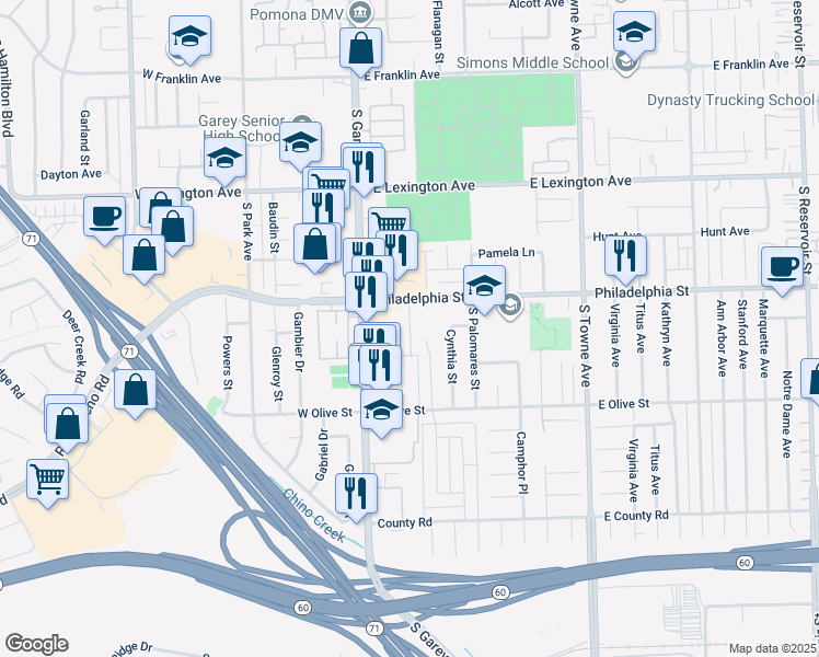 map of restaurants, bars, coffee shops, grocery stores, and more near 2156 Bella Vista Way in Pomona