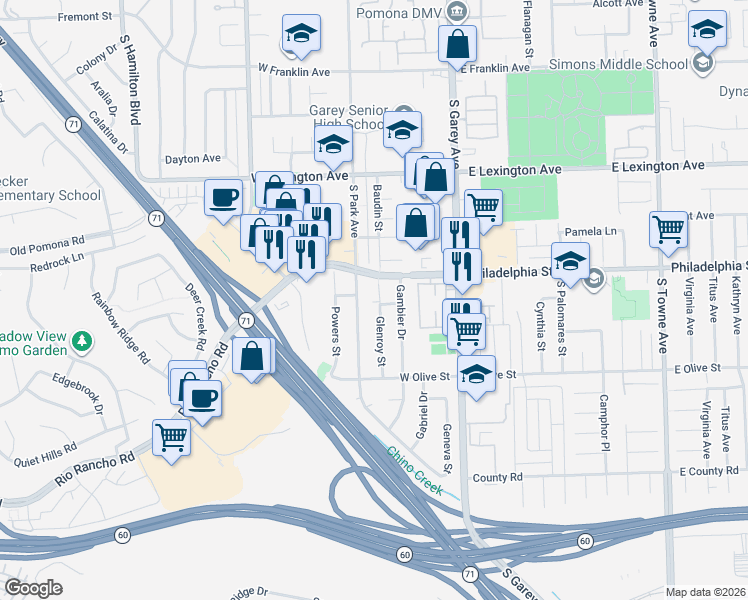 map of restaurants, bars, coffee shops, grocery stores, and more near 2155 Glenroy Street in Pomona