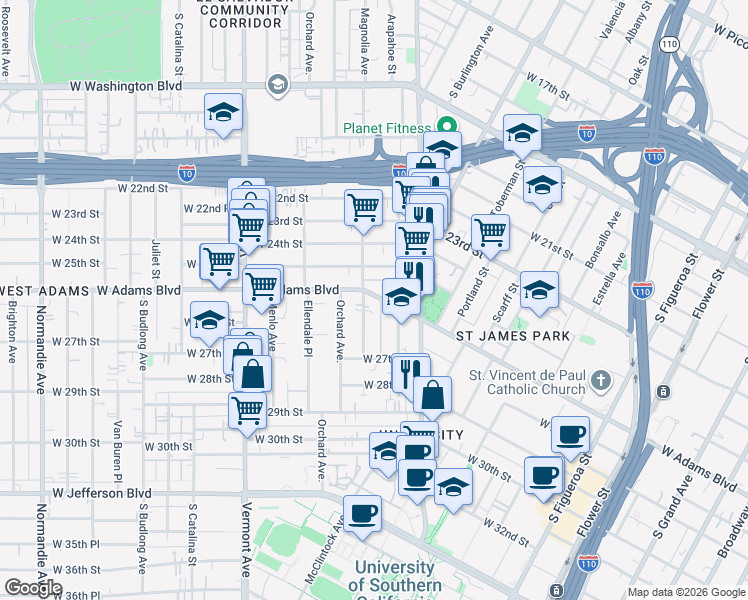 map of restaurants, bars, coffee shops, grocery stores, and more near 1158 West Adams Boulevard in Los Angeles