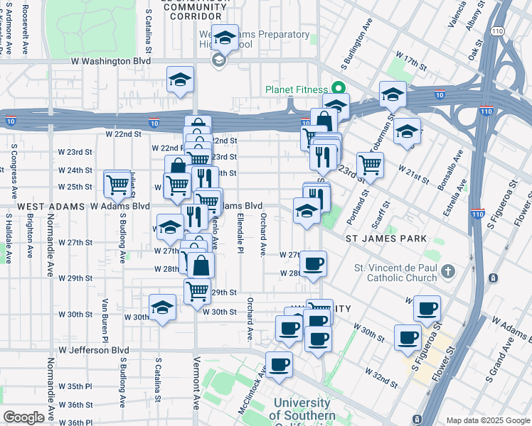 map of restaurants, bars, coffee shops, grocery stores, and more near 2622 Orchard Avenue in Los Angeles