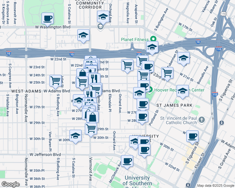 map of restaurants, bars, coffee shops, grocery stores, and more near 2620 Ellendale Place in Los Angeles