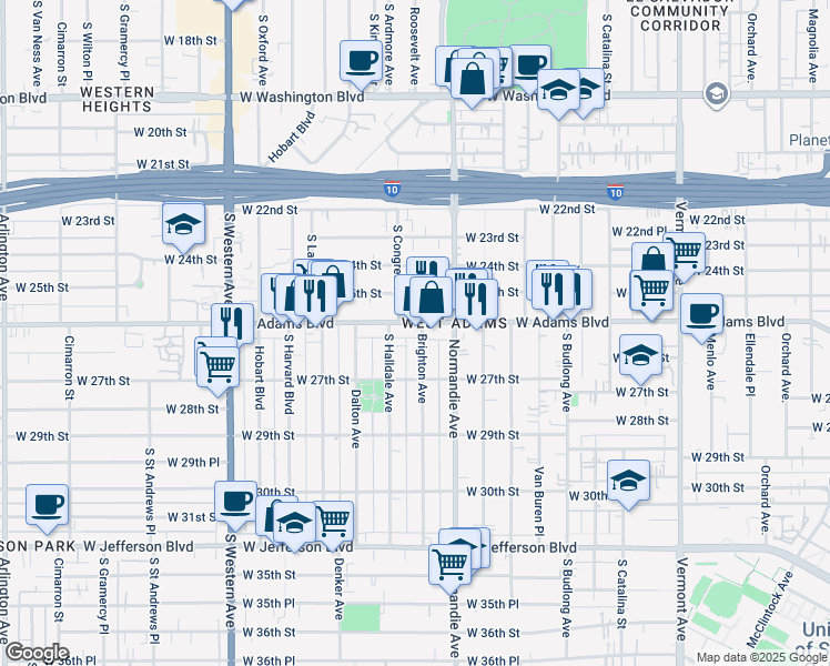 map of restaurants, bars, coffee shops, grocery stores, and more near 2619 Brighton Avenue in Los Angeles