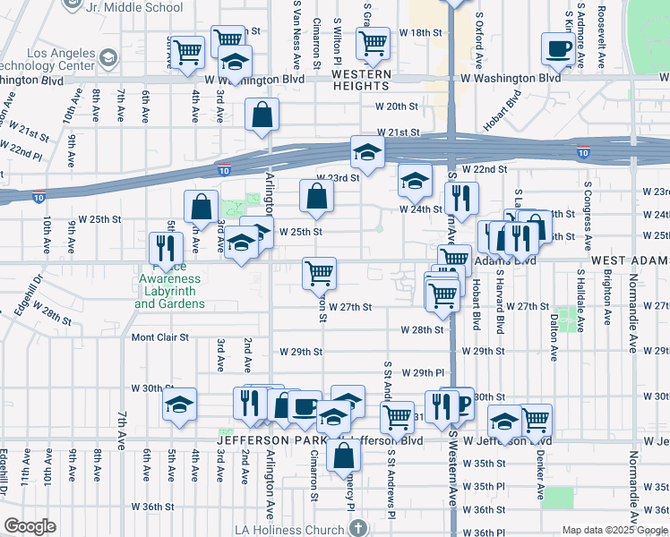 map of restaurants, bars, coffee shops, grocery stores, and more near 2171 West 26th Place in Los Angeles