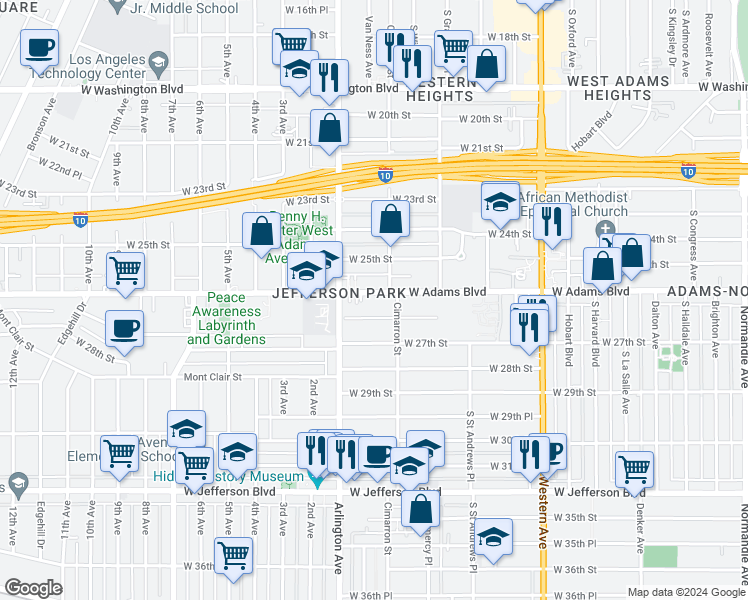 map of restaurants, bars, coffee shops, grocery stores, and more near 2221 West 26th Place in Los Angeles