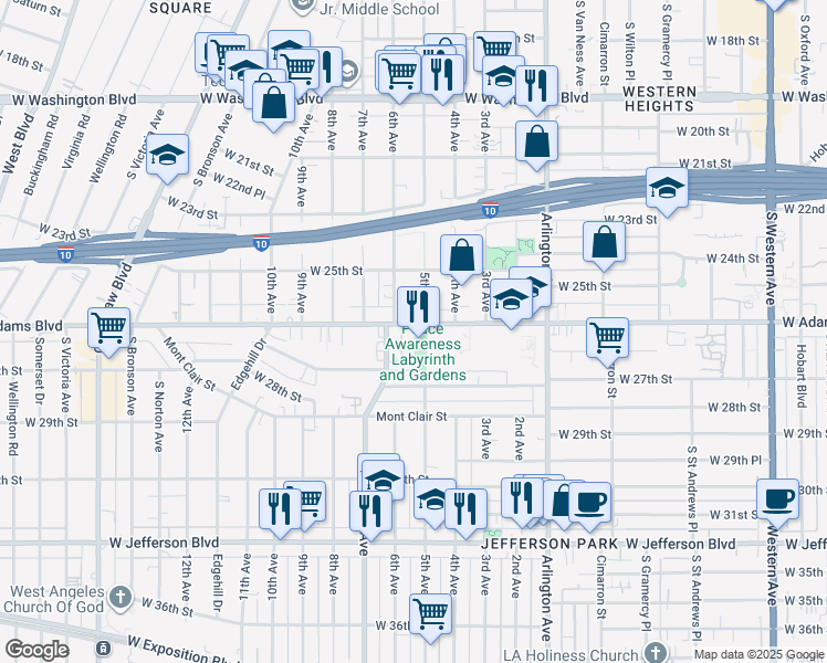 map of restaurants, bars, coffee shops, grocery stores, and more near 3500 West Adams Boulevard in Los Angeles