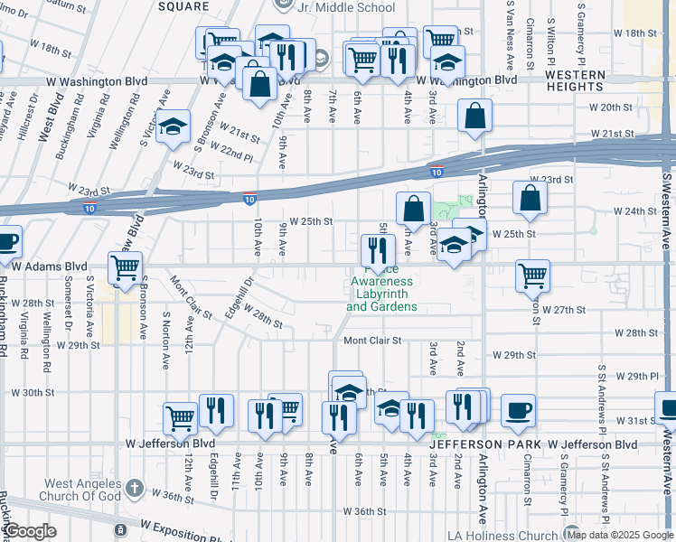map of restaurants, bars, coffee shops, grocery stores, and more near 3616 West Adams Boulevard in Los Angeles