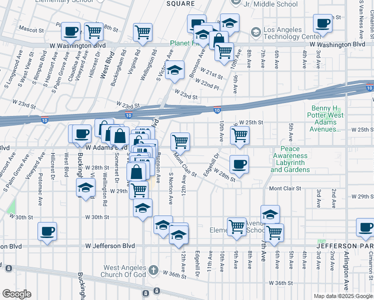 map of restaurants, bars, coffee shops, grocery stores, and more near 4225 Mont Clair Street in Los Angeles