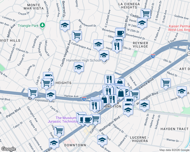 map of restaurants, bars, coffee shops, grocery stores, and more near 3139 South Durango Avenue in Los Angeles