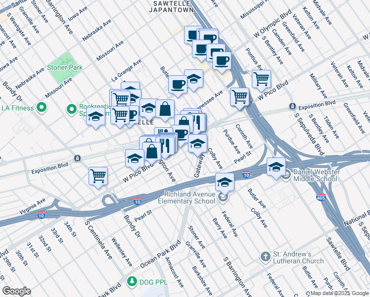 map of restaurants, bars, coffee shops, grocery stores, and more near 2422 Federal Avenue in Los Angeles