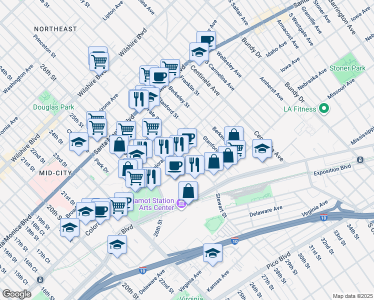 map of restaurants, bars, coffee shops, grocery stores, and more near 2834 Colorado Avenue in Santa Monica