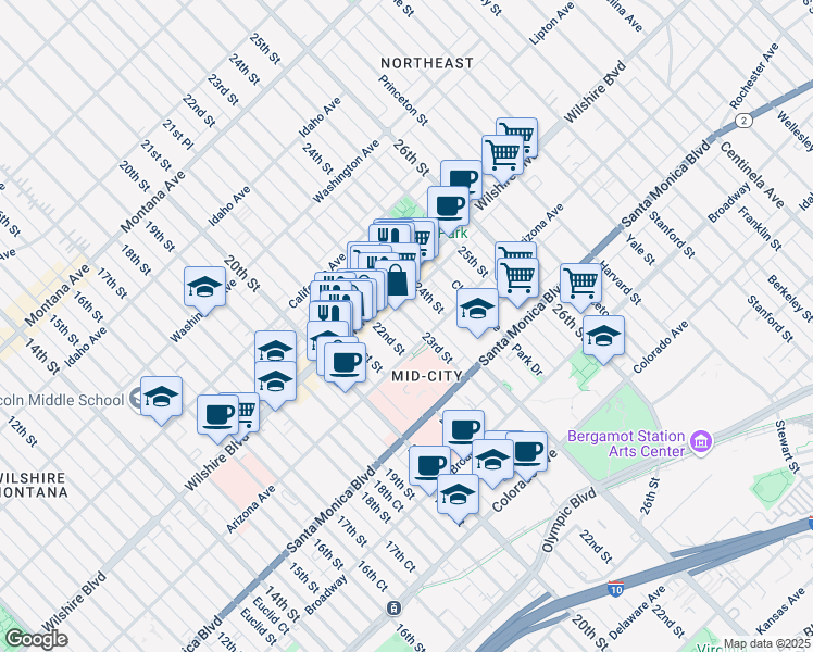 map of restaurants, bars, coffee shops, grocery stores, and more near 1233 22nd Street in Santa Monica