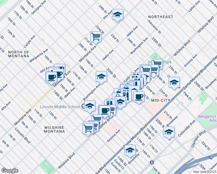 map of restaurants, bars, coffee shops, grocery stores, and more near 1044 19th Street in Santa Monica