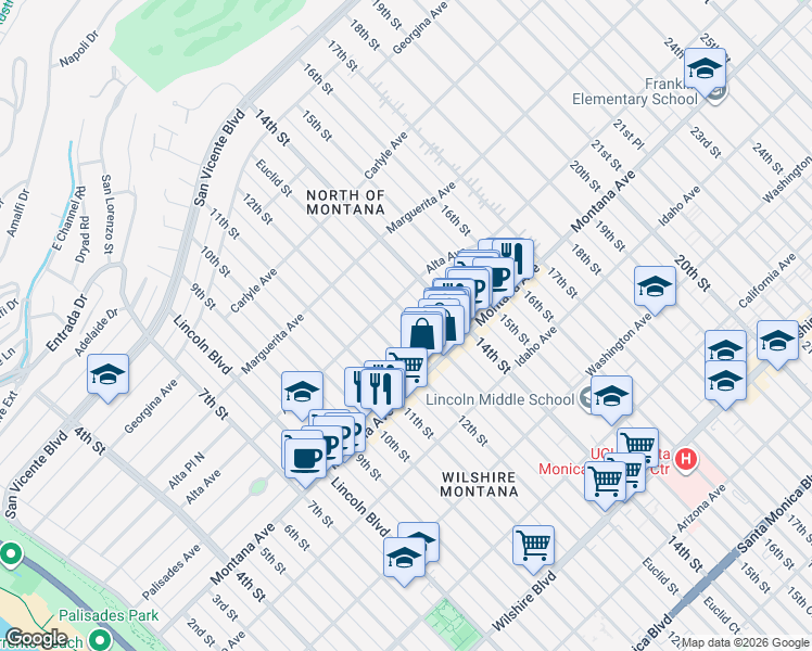 map of restaurants, bars, coffee shops, grocery stores, and more near 714 Euclid Street in Santa Monica