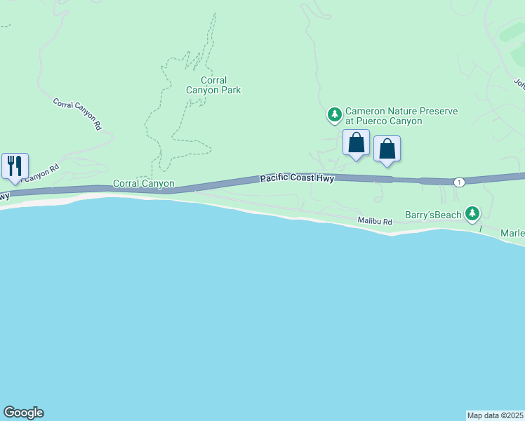 map of restaurants, bars, coffee shops, grocery stores, and more near 25316 Malibu Road in Malibu