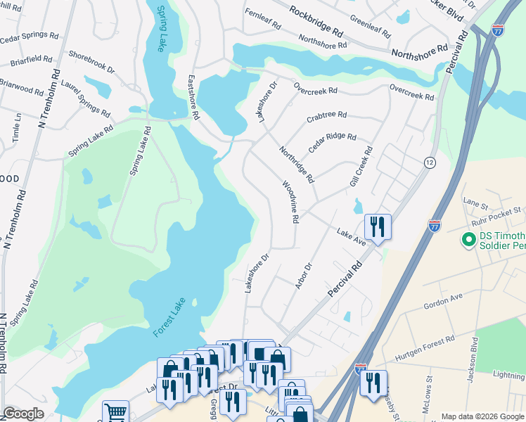 map of restaurants, bars, coffee shops, grocery stores, and more near 5905 Lakeshore Drive in Columbia