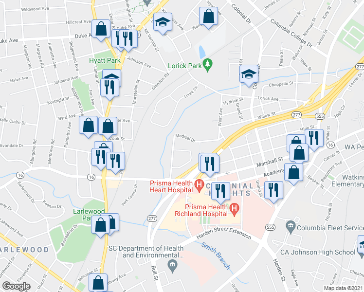 map of restaurants, bars, coffee shops, grocery stores, and more near 3518 Medical Drive in Columbia