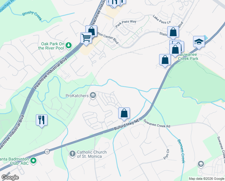 map of restaurants, bars, coffee shops, grocery stores, and more near 3906 Baxley Village Trail in Suwanee