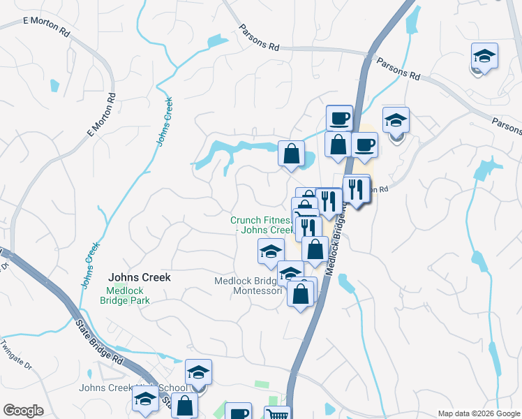 map of restaurants, bars, coffee shops, grocery stores, and more near 10365 Medridge Circle in Alpharetta