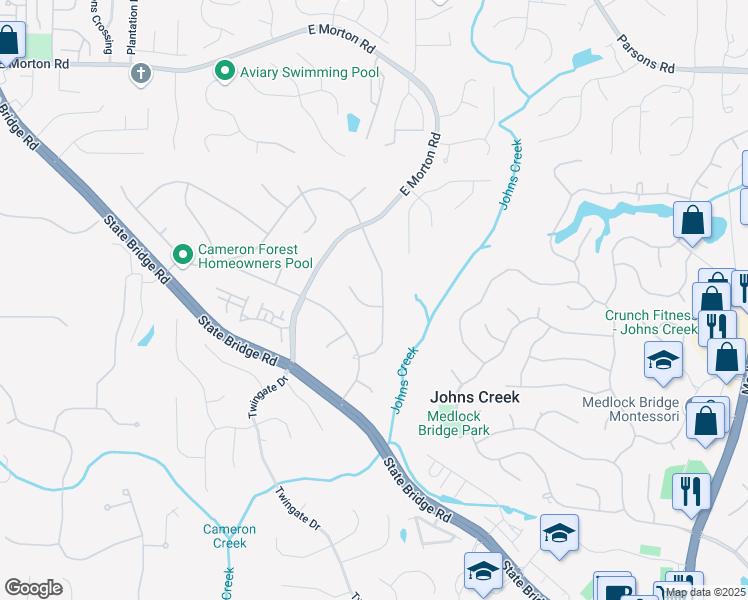 map of restaurants, bars, coffee shops, grocery stores, and more near 5440 Cameron Forest Parkway in Alpharetta