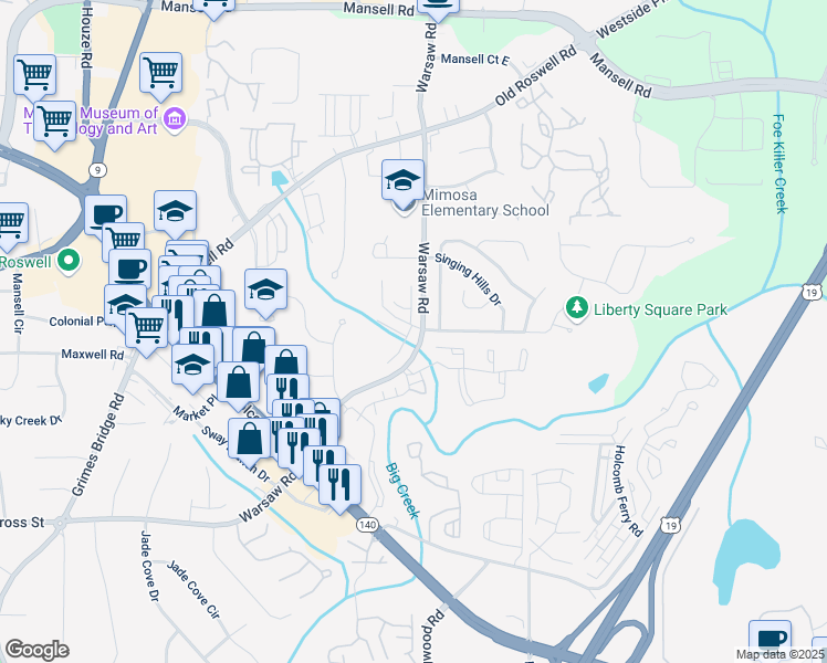 map of restaurants, bars, coffee shops, grocery stores, and more near 1284 Warsaw Road in Roswell