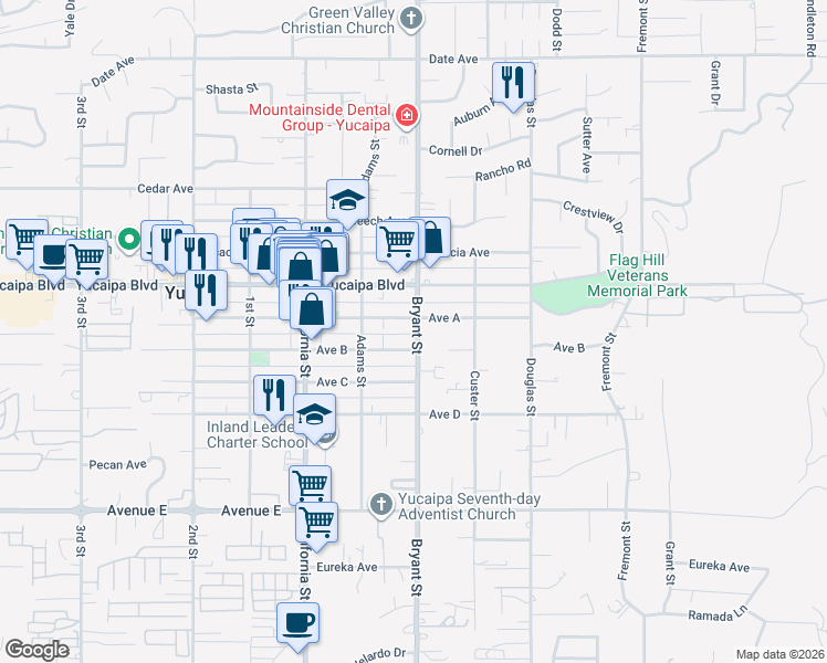 map of restaurants, bars, coffee shops, grocery stores, and more near 12184 Bryant Street in Yucaipa