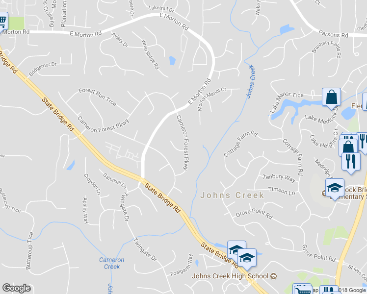 map of restaurants, bars, coffee shops, grocery stores, and more near 5440 Cameron Forest Parkway in Alpharetta