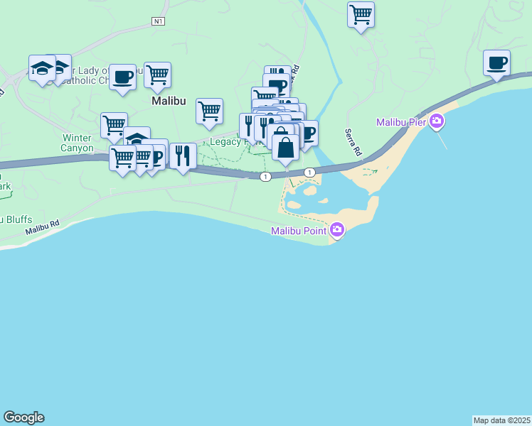 map of restaurants, bars, coffee shops, grocery stores, and more near 23505 Malibu Colony Road in Malibu