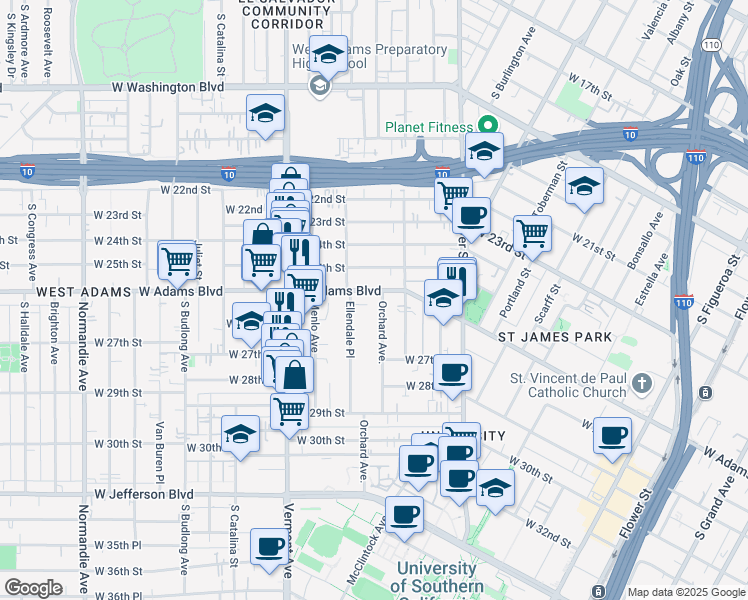 map of restaurants, bars, coffee shops, grocery stores, and more near 2620 Ellendale Place in Los Angeles
