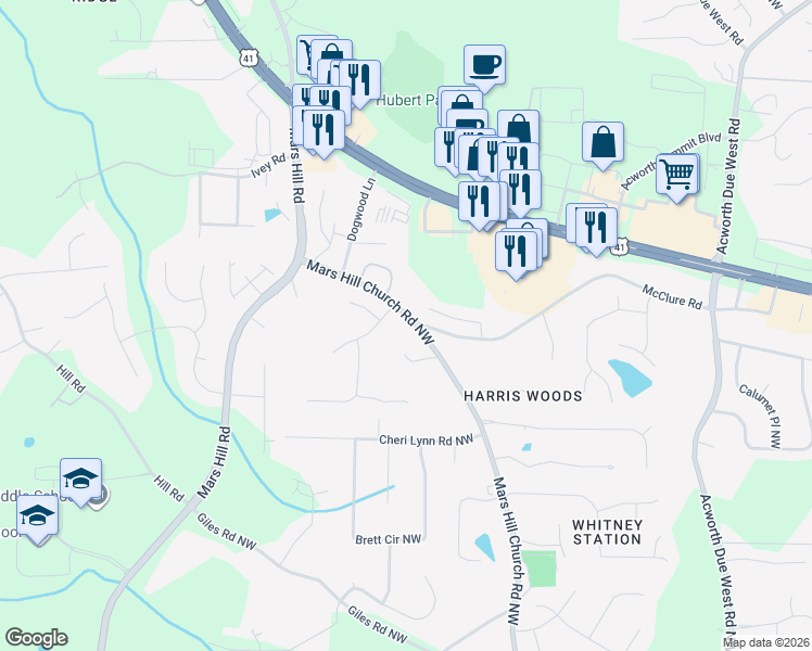 map of restaurants, bars, coffee shops, grocery stores, and more near 4797 Davenport Trce Northwest in Acworth