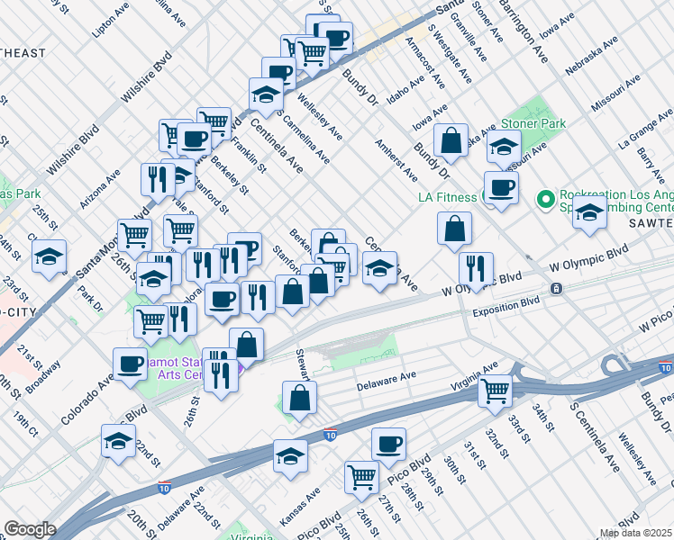 map of restaurants, bars, coffee shops, grocery stores, and more near 1742 Berkeley Street in Santa Monica