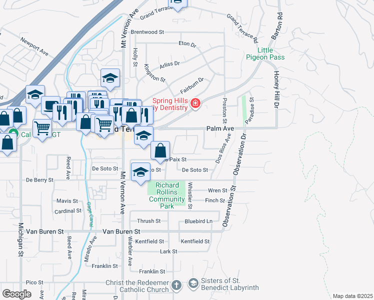 map of restaurants, bars, coffee shops, grocery stores, and more near 22745 Palm Avenue in Grand Terrace