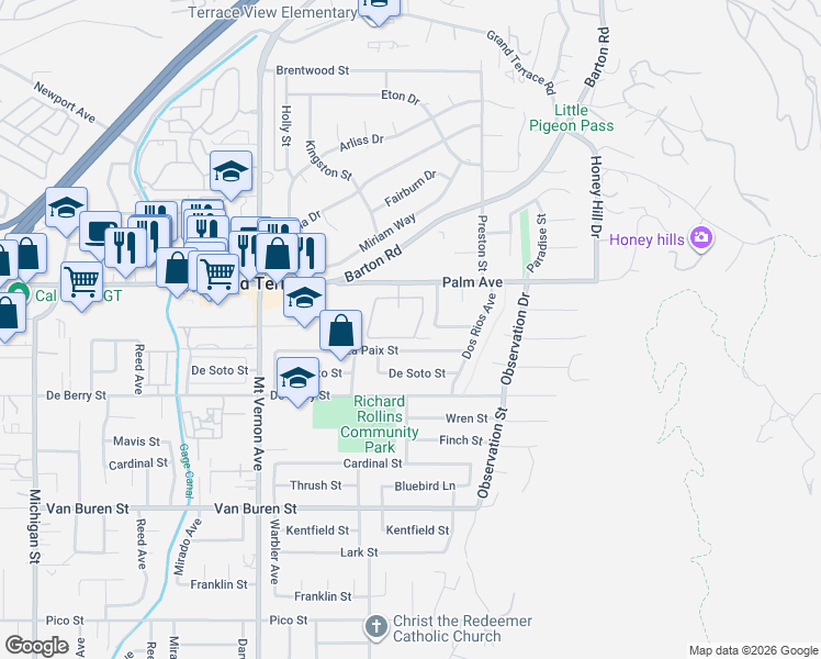 map of restaurants, bars, coffee shops, grocery stores, and more near 22757 Palm Avenue in Grand Terrace