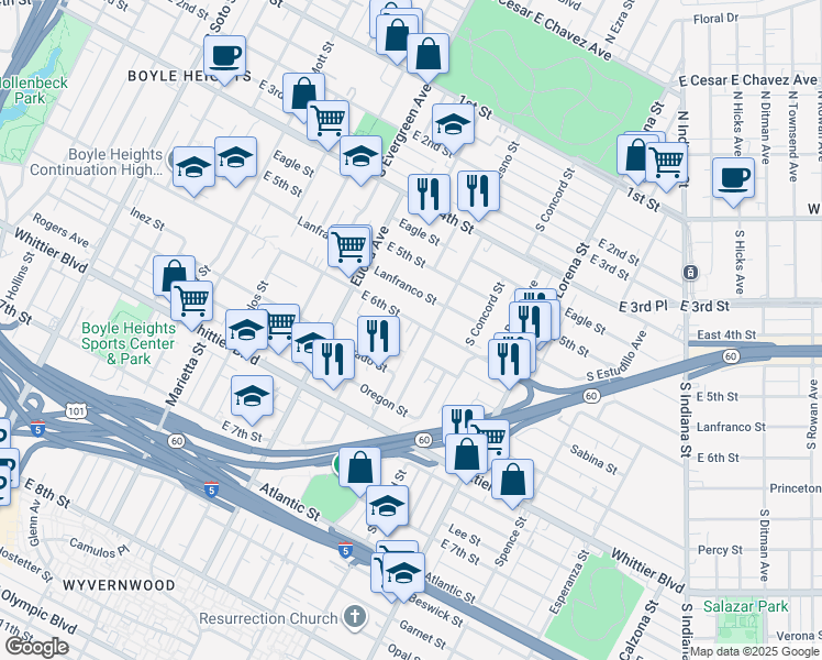 map of restaurants, bars, coffee shops, grocery stores, and more near 3078 East 6th Street in Los Angeles