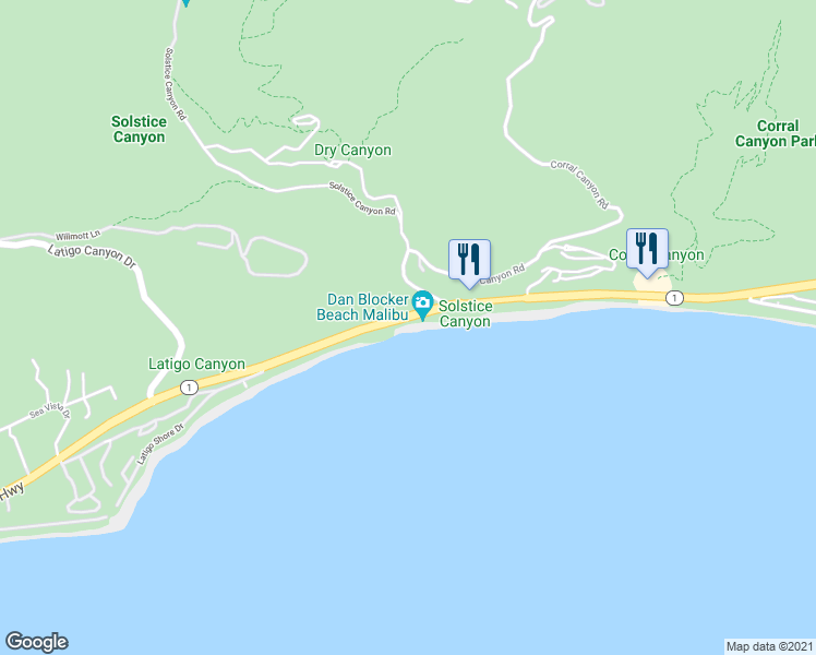 map of restaurants, bars, coffee shops, grocery stores, and more near 25560 Pacific Coast Highway in Malibu