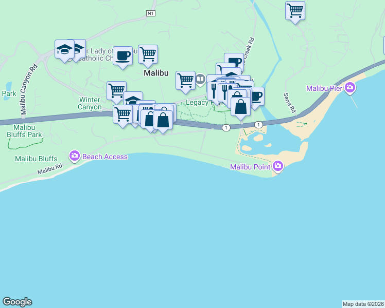 map of restaurants, bars, coffee shops, grocery stores, and more near 23614 Malibu Colony Road in Malibu