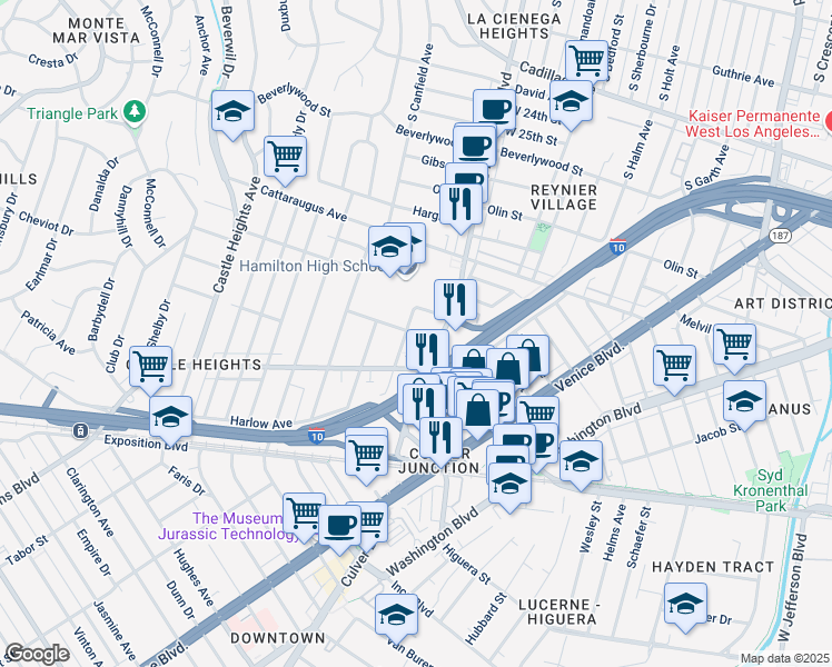 map of restaurants, bars, coffee shops, grocery stores, and more near 3055 South Robertson Boulevard in Los Angeles