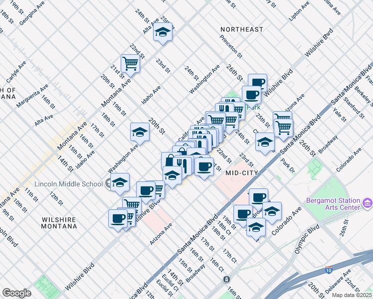 map of restaurants, bars, coffee shops, grocery stores, and more near in Santa Monica