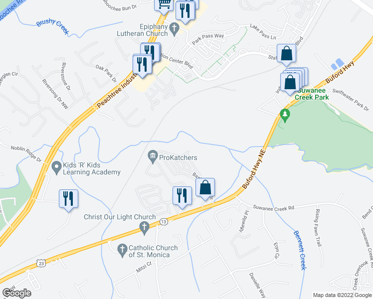 map of restaurants, bars, coffee shops, grocery stores, and more near 3906 Baxley Village Trail in Suwanee