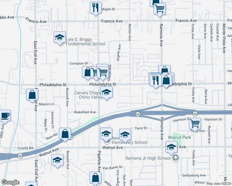 map of restaurants, bars, coffee shops, grocery stores, and more near 12150 Orgren Avenue in Chino