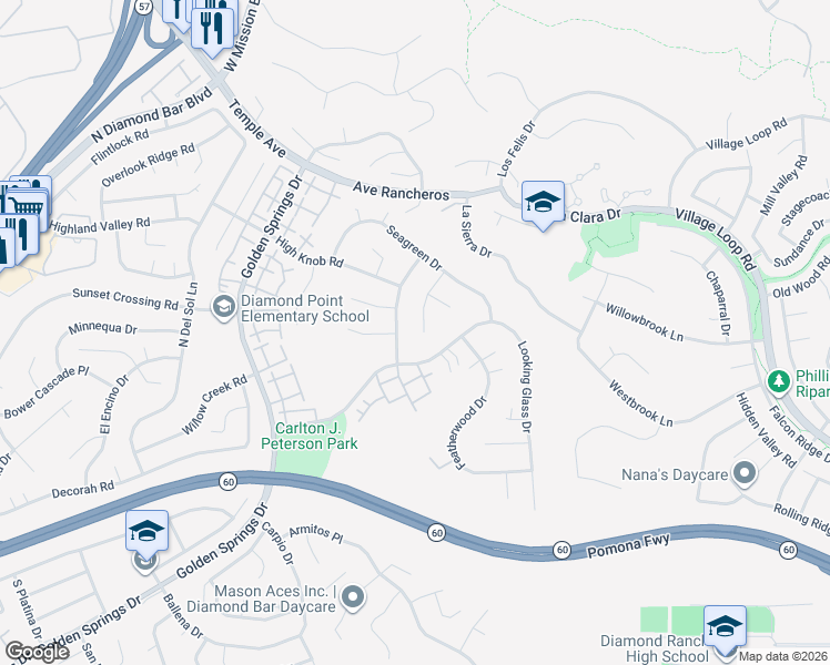 map of restaurants, bars, coffee shops, grocery stores, and more near 1005 Hourglass Place in Diamond Bar