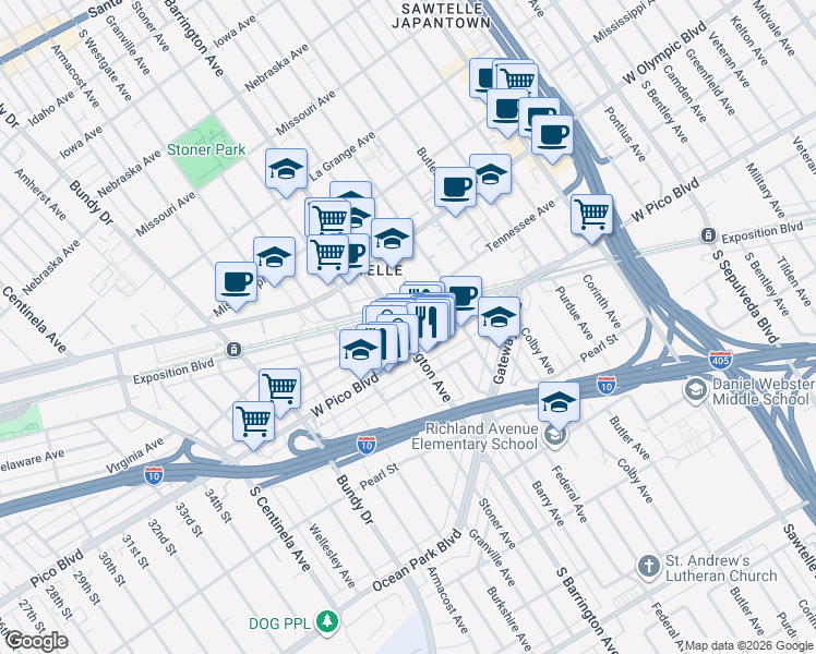 map of restaurants, bars, coffee shops, grocery stores, and more near in Los Angeles