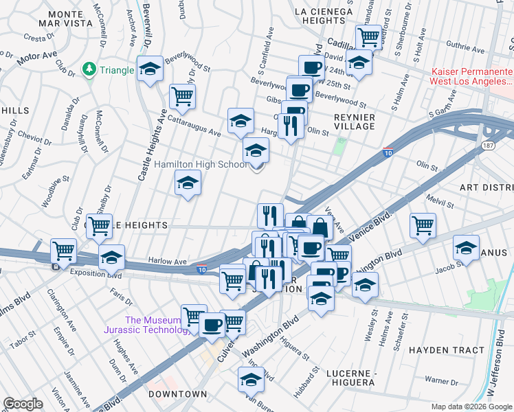 map of restaurants, bars, coffee shops, grocery stores, and more near 3119 Livonia Avenue in Los Angeles