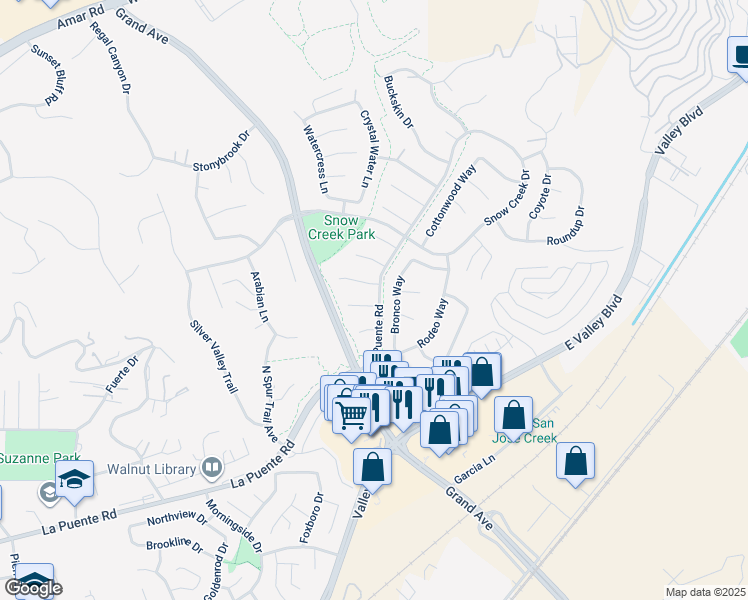 map of restaurants, bars, coffee shops, grocery stores, and more near 21639 East Deep Creek Road in Walnut