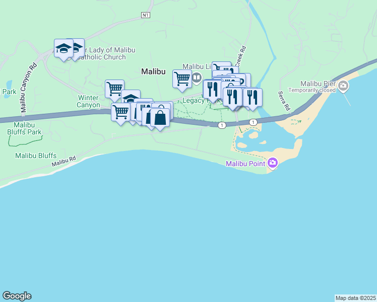 map of restaurants, bars, coffee shops, grocery stores, and more near 23618 Malibu Colony Road in Malibu