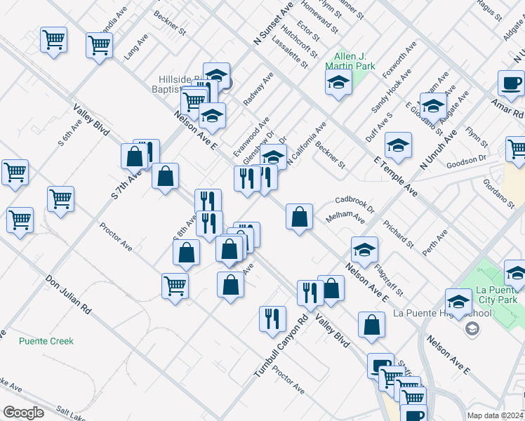 map of restaurants, bars, coffee shops, grocery stores, and more near 220 North California Avenue in City of Industry