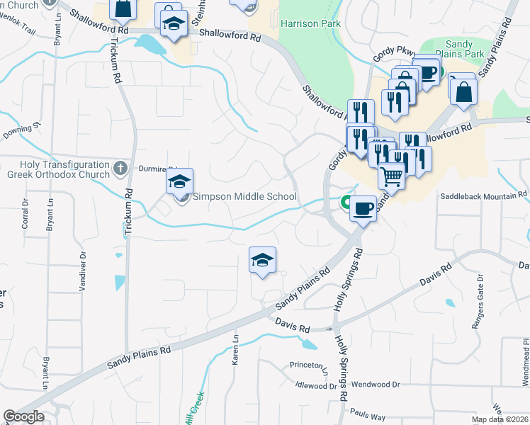 map of restaurants, bars, coffee shops, grocery stores, and more near 2780 Carillon Crossing in Marietta