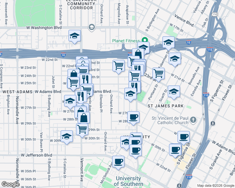 map of restaurants, bars, coffee shops, grocery stores, and more near 2622 Orchard Avenue in Los Angeles