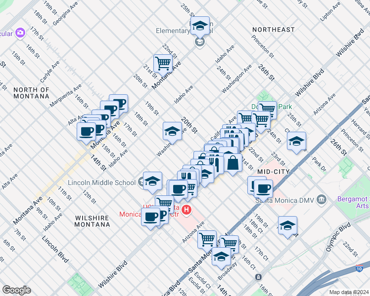 map of restaurants, bars, coffee shops, grocery stores, and more near in Santa Monica