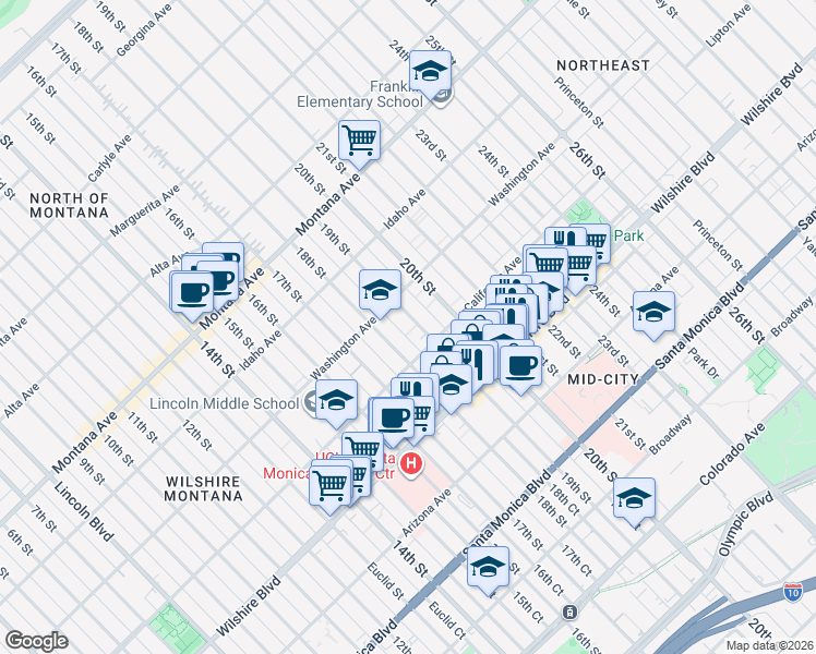 map of restaurants, bars, coffee shops, grocery stores, and more near in Santa Monica